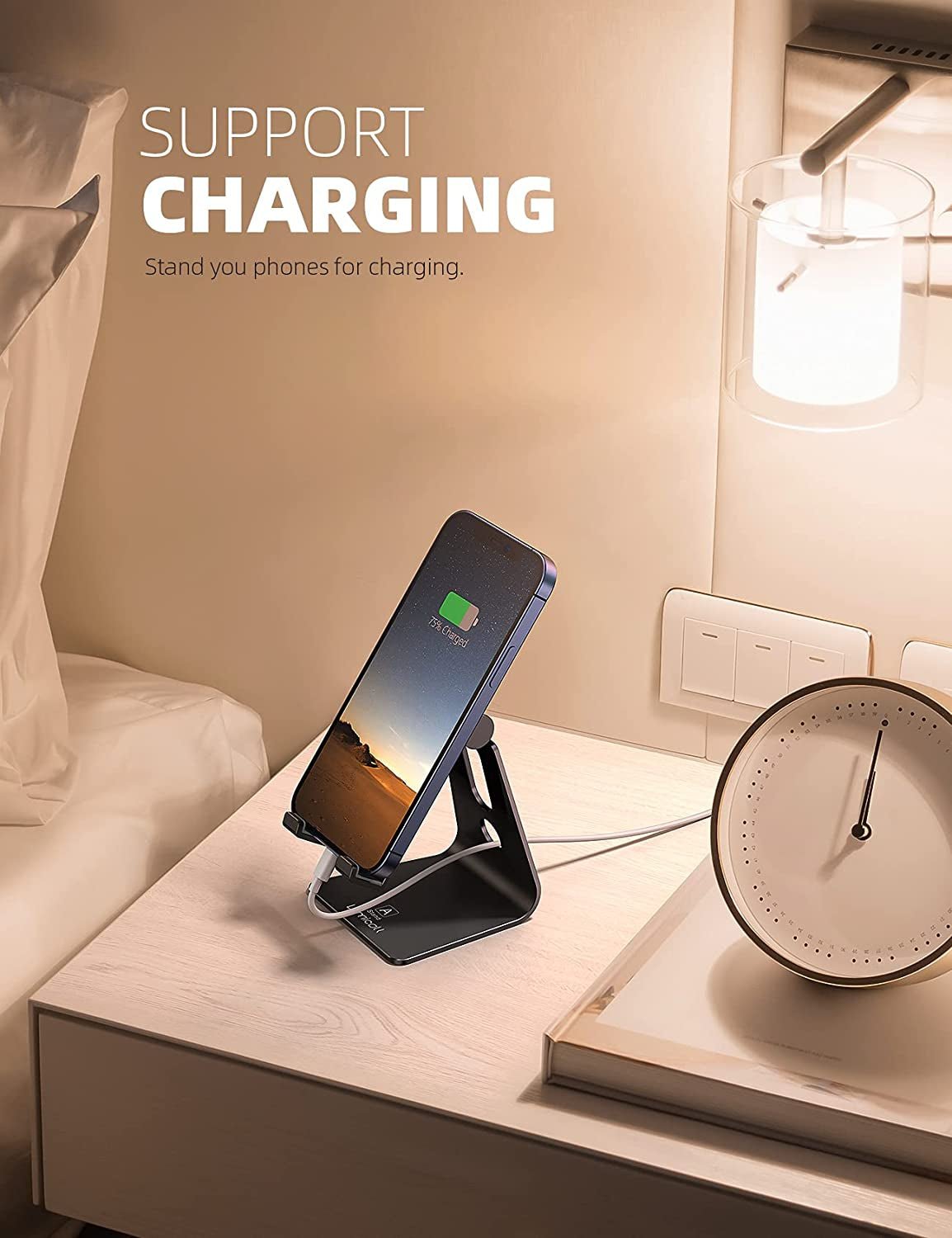 Adjustable Cell Phone Stand, Desk Phone Holder, Cradle, Dock, Compatible with Iphone 17 16 15 14 Air plus Pro Pro Max 13 12 X XS, 4 - 8" Phones, Office Accessories, All Smartphone, Black - EdifyTech