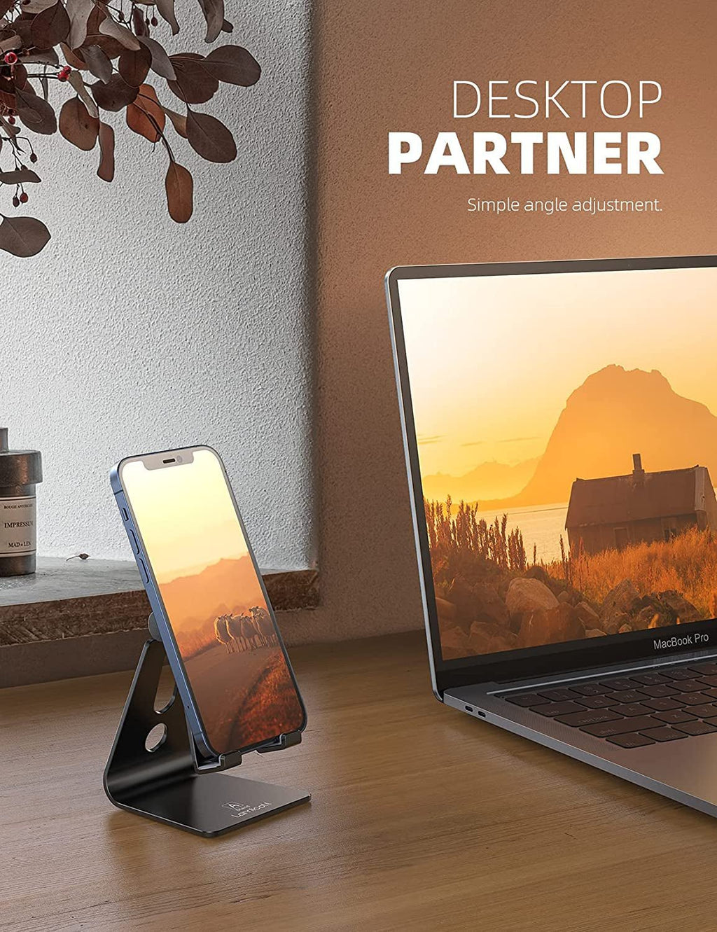 Adjustable Cell Phone Stand, Desk Phone Holder, Cradle, Dock, Compatible with Iphone 17 16 15 14 Air plus Pro Pro Max 13 12 X XS, 4 - 8" Phones, Office Accessories, All Smartphone, Black - EdifyTech