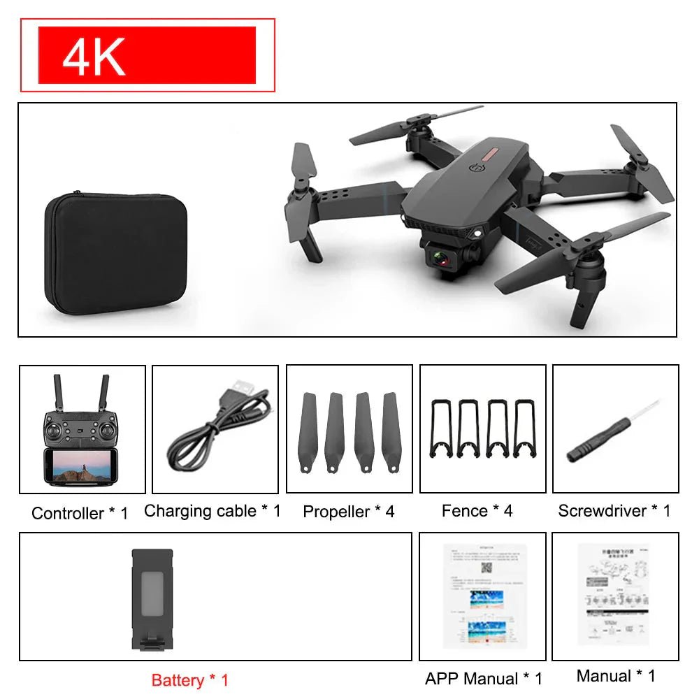 E88 Pro Foldable Quadcopter Drone - WIFI FPV, HD 4K Camera, Altitude Hold - EdifyTech
