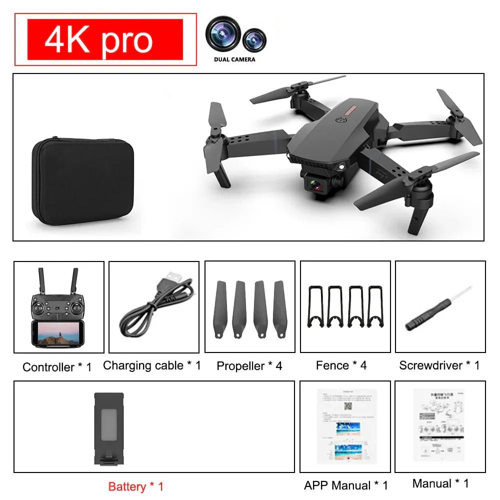 E88 Pro Foldable Quadcopter Drone - WIFI FPV, HD 4K Camera, Altitude Hold - EdifyTech