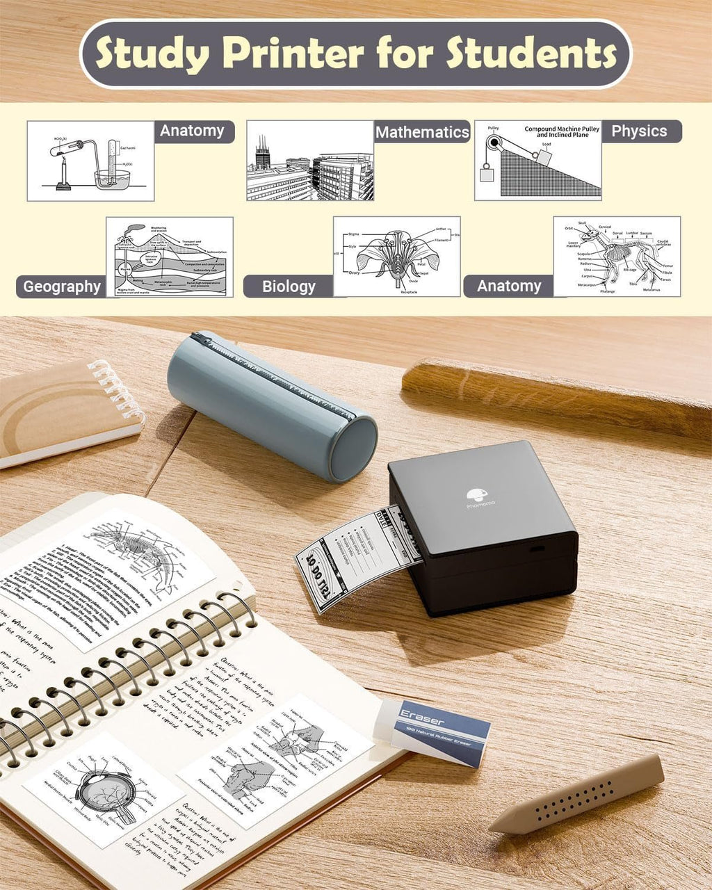 M02 Mini Sticker Printer, Bluetooth Pocket Printer Gift Suit 3 Sizes of Mixed Thermal Paper Rolls, Print Pod, Compatible with Ios & Android, Gifts for Christmas, Work, Home, Travel - Black - EdifyTech