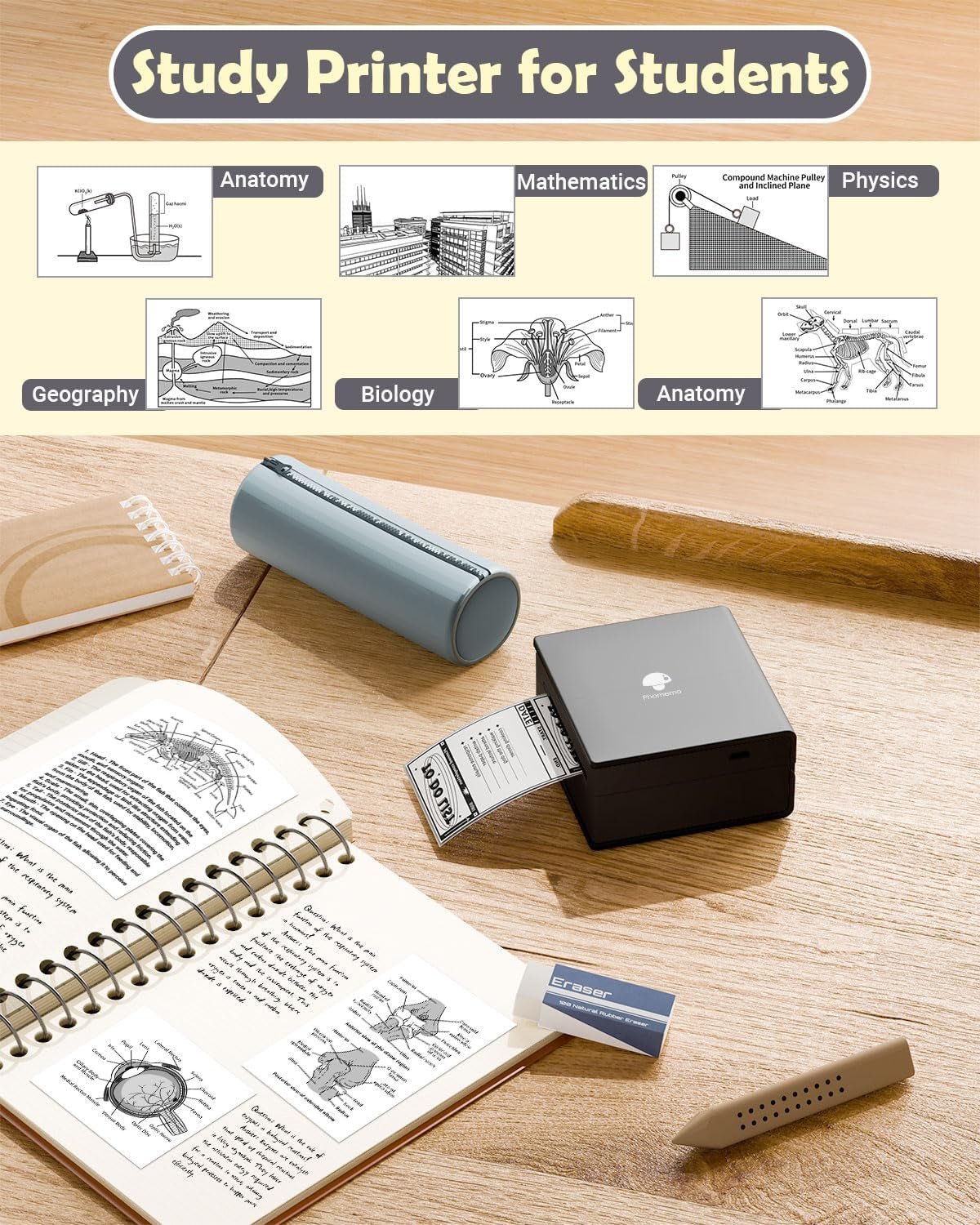 M02 Mini Sticker Printer, Bluetooth Pocket Printer Gift Suit 3 Sizes of Mixed Thermal Paper Rolls, Print Pod, Compatible with Ios & Android, Gifts for Christmas, Work, Home, Travel - Black - EdifyTech