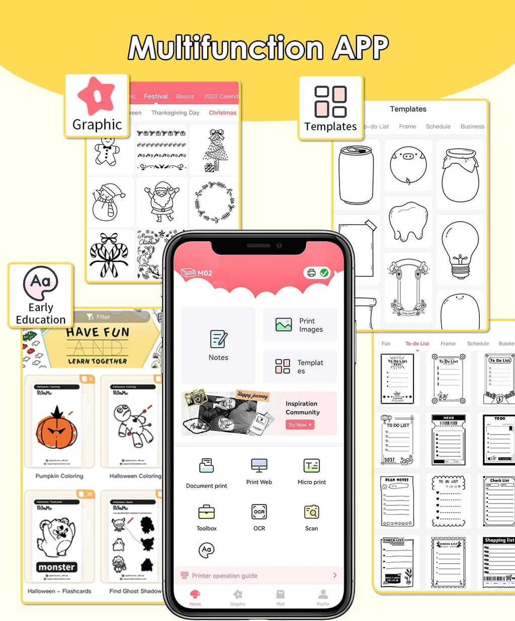 M02 Mini Sticker Printer, Bluetooth Pocket Printer Gift Suit 3 Sizes of Mixed Thermal Paper Rolls, Print Pod, Compatible with Ios & Android, Gifts for Christmas, Work, Home, Travel - Black - EdifyTech