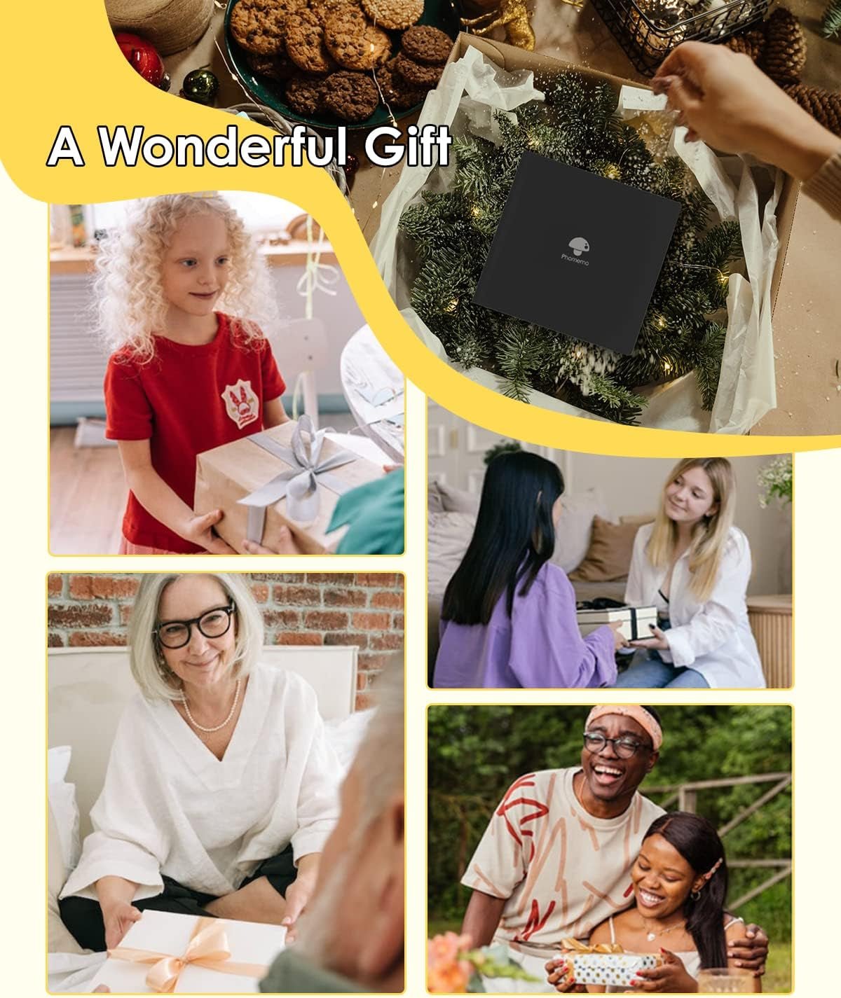 M02 Mini Sticker Printer, Bluetooth Pocket Printer Gift Suit 3 Sizes of Mixed Thermal Paper Rolls, Print Pod, Compatible with Ios & Android, Gifts for Christmas, Work, Home, Travel - Black - EdifyTech