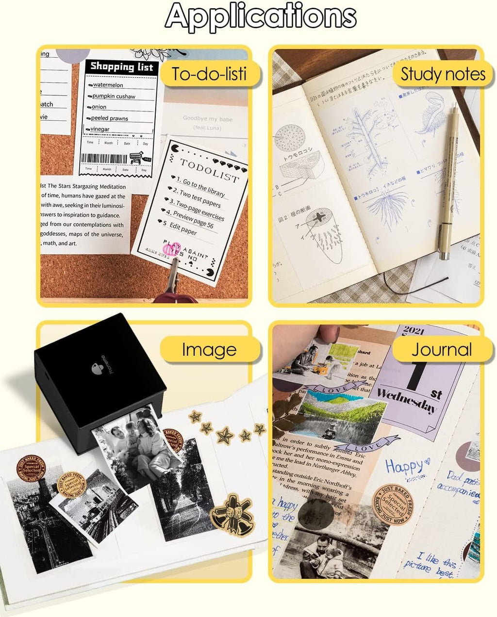 M02 Mini Sticker Printer, Bluetooth Pocket Printer Gift Suit 3 Sizes of Mixed Thermal Paper Rolls, Print Pod, Compatible with Ios & Android, Gifts for Christmas, Work, Home, Travel - Black - EdifyTech