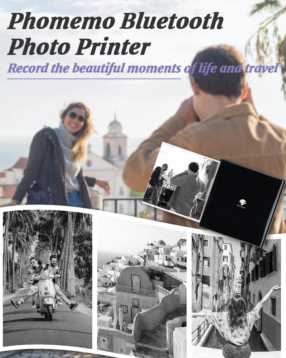 M02 Mini Sticker Printer, Bluetooth Pocket Printer Gift Suit 3 Sizes of Mixed Thermal Paper Rolls, Print Pod, Compatible with Ios & Android, Gifts for Christmas, Work, Home, Travel - Black - EdifyTech