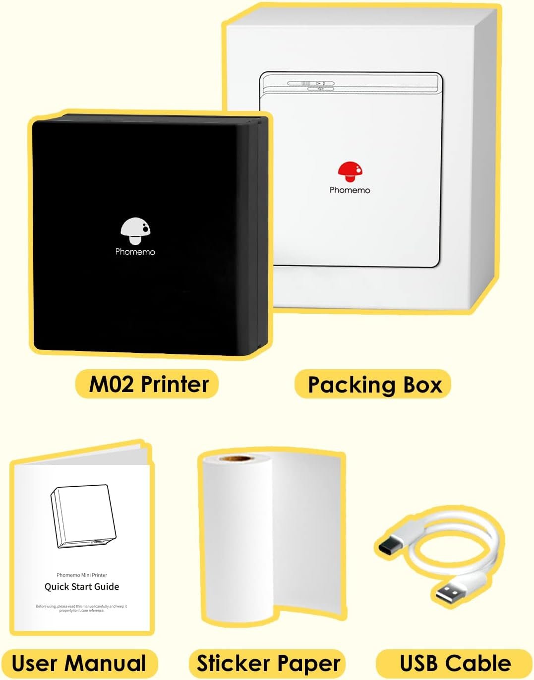 M02 Mini Sticker Printer, Bluetooth Pocket Printer Gift Suit 3 Sizes of Mixed Thermal Paper Rolls, Print Pod, Compatible with Ios & Android, Gifts for Christmas, Work, Home, Travel - Black - EdifyTech